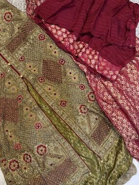 Gold & Red and green Embroidered Lehenga Set Like New# Pakistani 3 piece brand 4